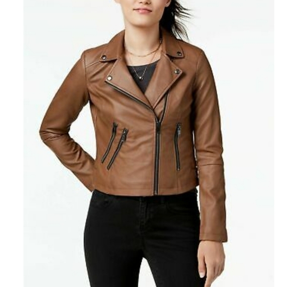NEW CoffeeShop Juniors' Faux-Leather Moto Jacket - Picture 1 of 5